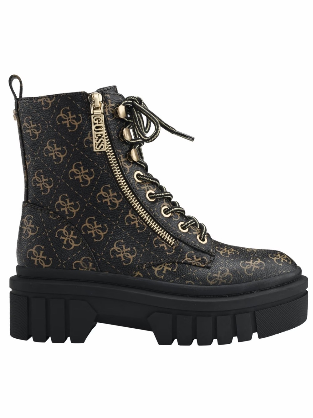 GUESS Ferina Lug Sole Combat Platform Boots in Cafe Brown & Gold, Women’s size 9